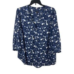 Talbots Plus 3X Blue Floral Print Blouse Split Neck 3/4 Sleeve Lightweight Top
